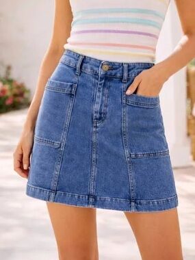 Boden Denim Jean Mini Skirt 6L long tall patch pocket A-line office preppy